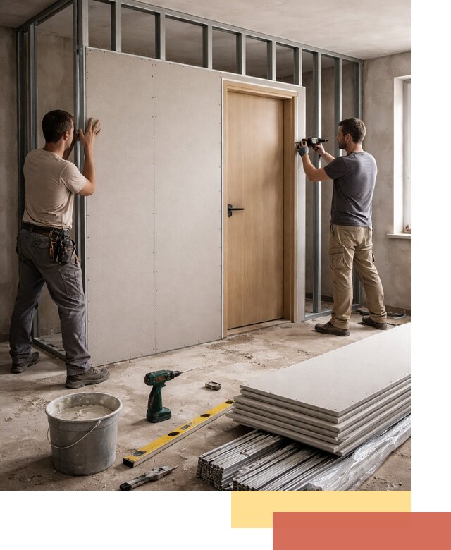 Перегородка из гипсокартона с дверью под ключ в Мичуринске