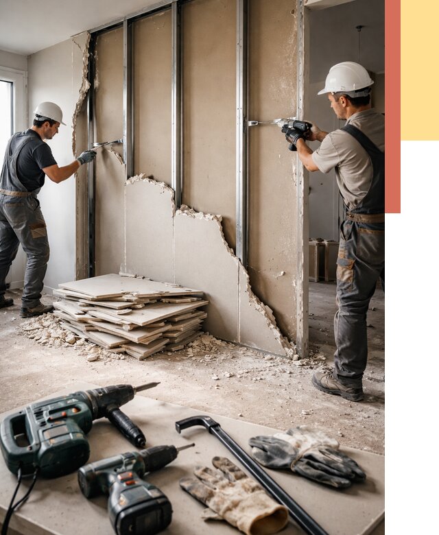 Демонтаж перегородки из гипсокартона в Мичуринске от 1242 руб. быстро и недорого | ОТДЕЛОЧНИК-Мчр