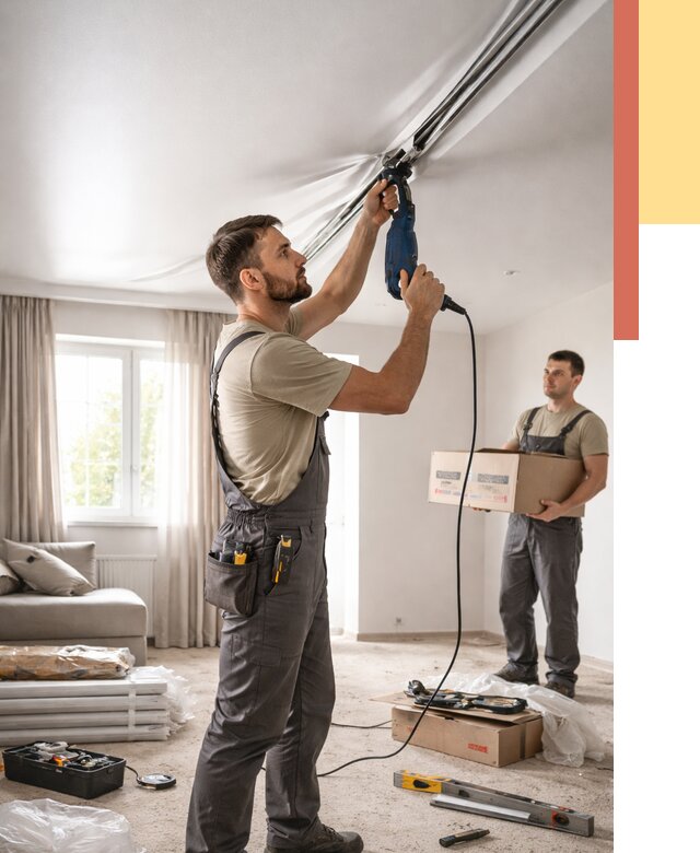 Монтаж сатинового натяжного потолка в Мичуринске от 3624 руб. | Быстро, недорого — ОТДЕЛОЧНИК-Мчр