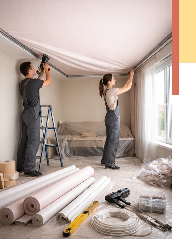 Монтаж цветного натяжного потолка в Мичуринске от 4349 руб/м² — быстро и недорого | ОТДЕЛОЧНИК-Мчр