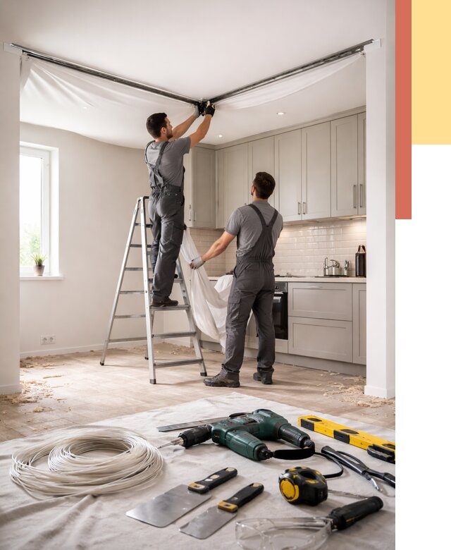 Установка натяжного потолка на кухне в Мичуринске от 2485 руб. | ОТДЕЛОЧНИК-Мчр