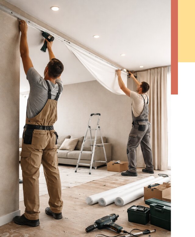 Монтаж натяжного потолка в гостиной в Мичуринске от 569 руб. | ОТДЕЛОЧНИК-Мчр