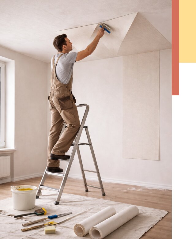 Поклейка обоев на потолок в Мичуринске от 4659 руб. быстро и недорого | ОТДЕЛОЧНИК-Мчр